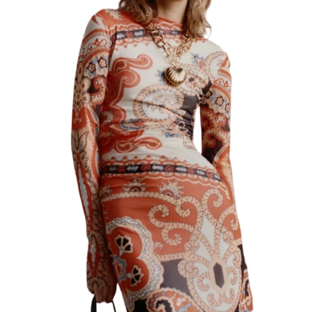 Farm Rio Long-Sleeve Mock-Neck Mesh Slim Midi Dress - Orange Bandana L - Picture 3 of 10